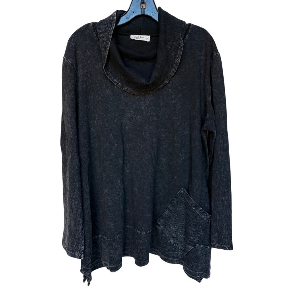 Jess & Jane Black Cotton Long Sleeve Cowl Neck Pocket Flared Lagenlook Shirt XL